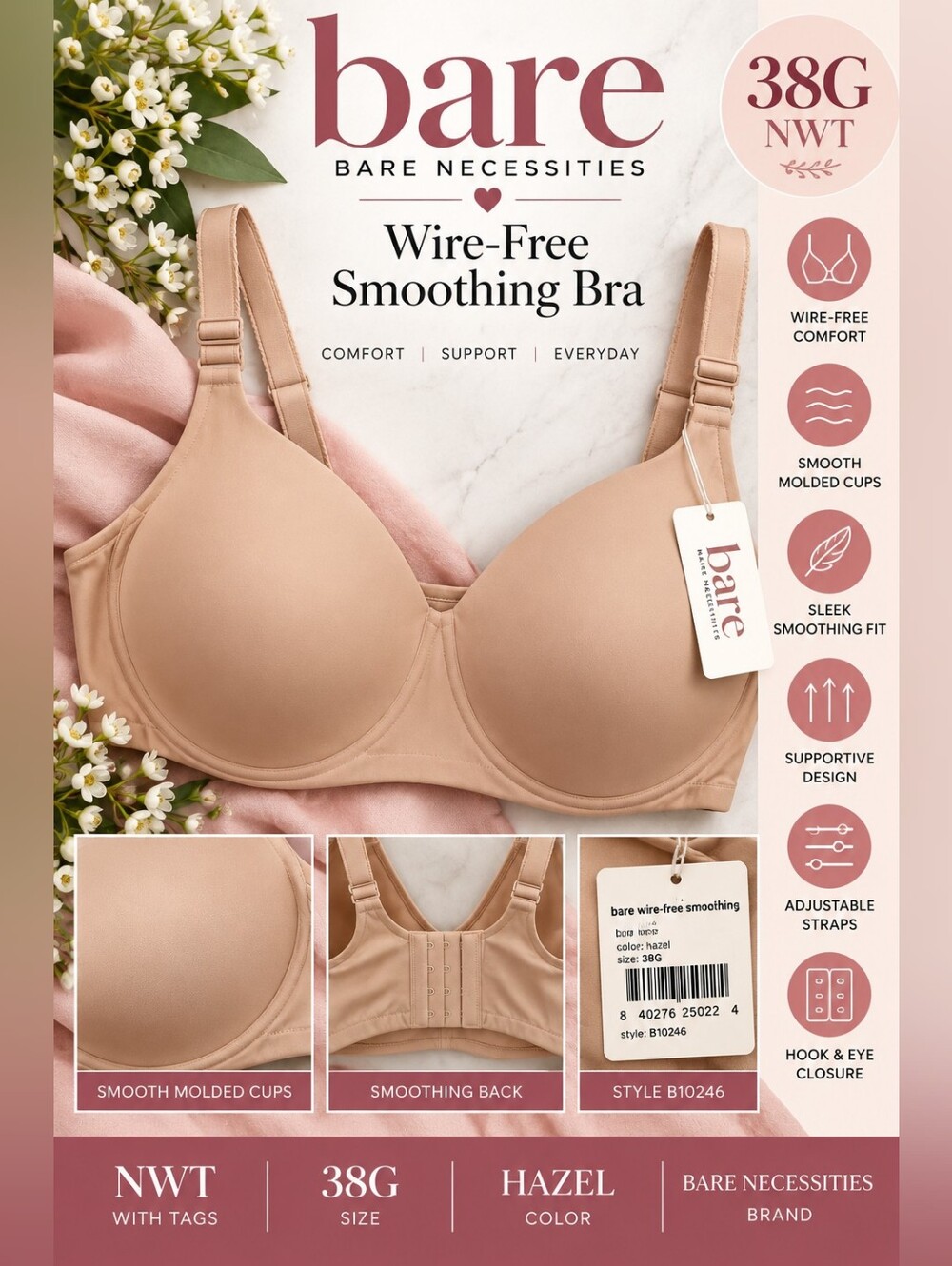 NWT Bare Necessities Wire-Free Smoothing Bra 38G Hazel Nude